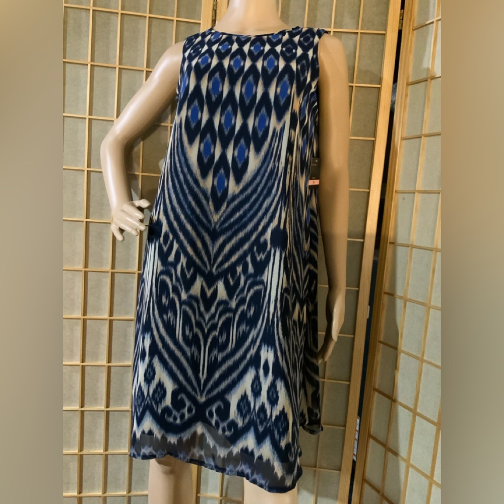 Taylor Blue and Cream Geometric Midi Dress